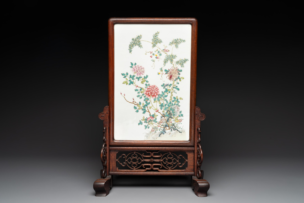 A Chinese wooden table screen with a famille rose plaque, Republic