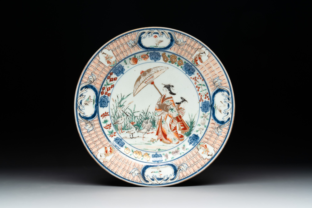 A Japanese Imari 'Parasol Ladies' dish after Cornelis Pronk, Edo, 18th C.