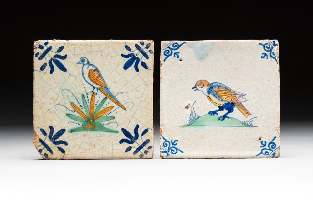 Two polychrome Dutch Delft 'bird' tiles, 17th C.