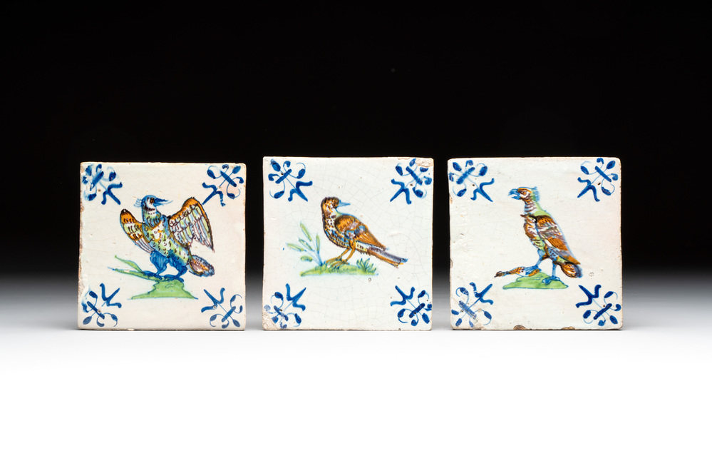 Three polychrome Dutch Delft 'bird' tiles, 17th C.
