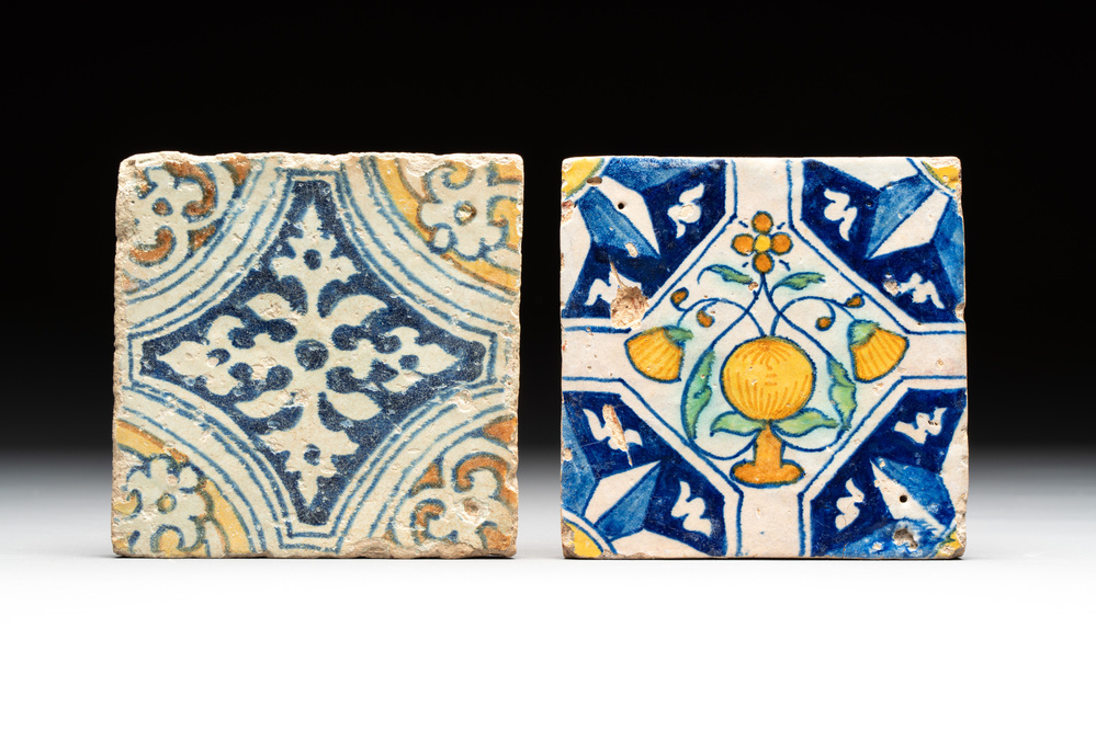 Two polychrome Antwerp maiolica tiles, ca. 1560