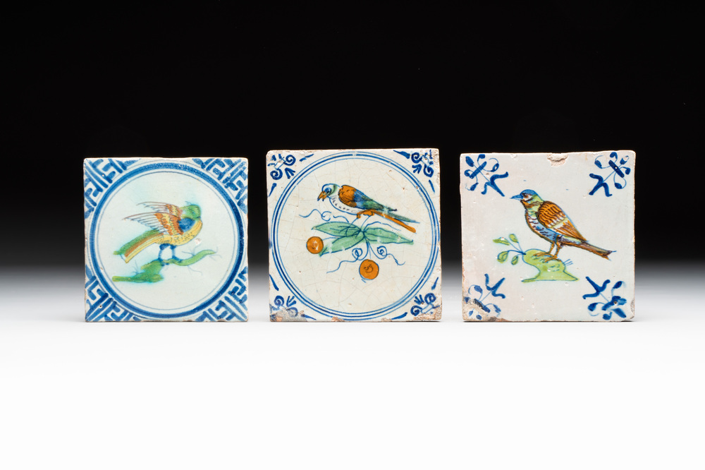 Three polychrome Dutch Delft and Haarlem 'bird' tiles, 17th C.