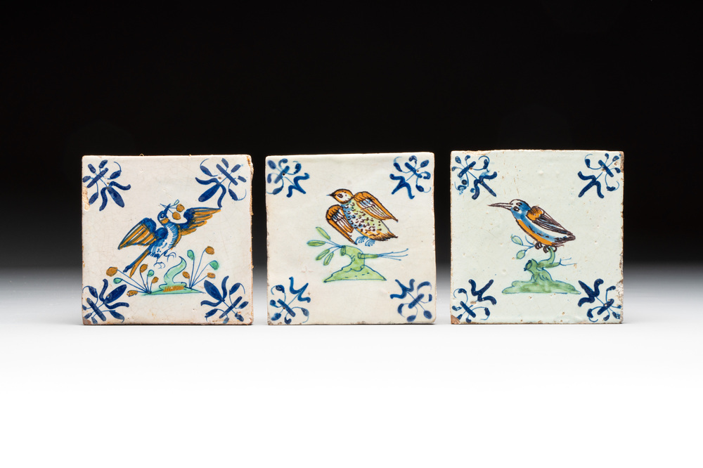 Three polychrome Dutch Delft 'bird' tiles, 17th C.
