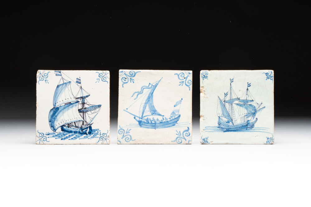 Three blue and white Dutch Delft 'large ships' tiles, 17th C.