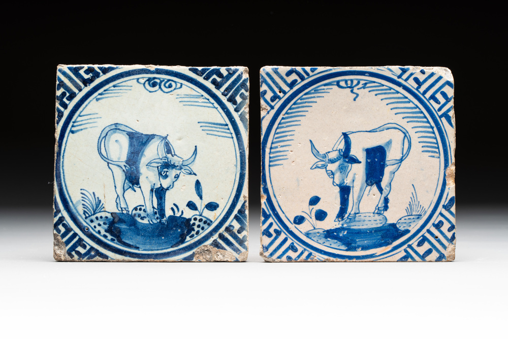Two blue and white Dutch Delft 'crown' 'oxen' tiles, Rotterdam, early 17th C.
