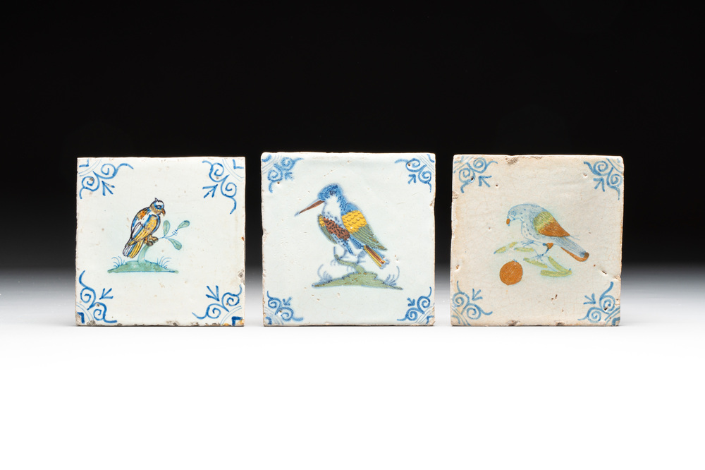Three polychrome Dutch Delft 'bird' tiles, 17th C.