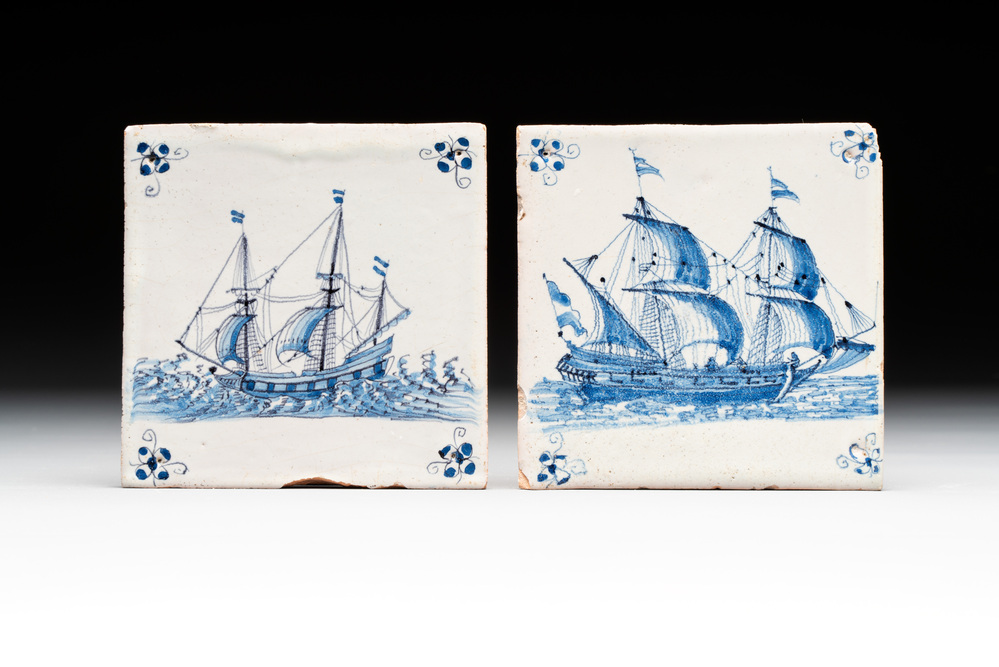 Two blue and white Dutch Delft 'three-masters' tiles, 17th C.