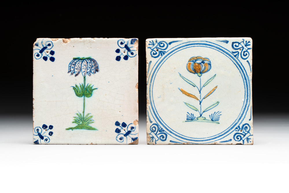 Two polychrome Dutch Delft 'flower' tiles, 17th C.