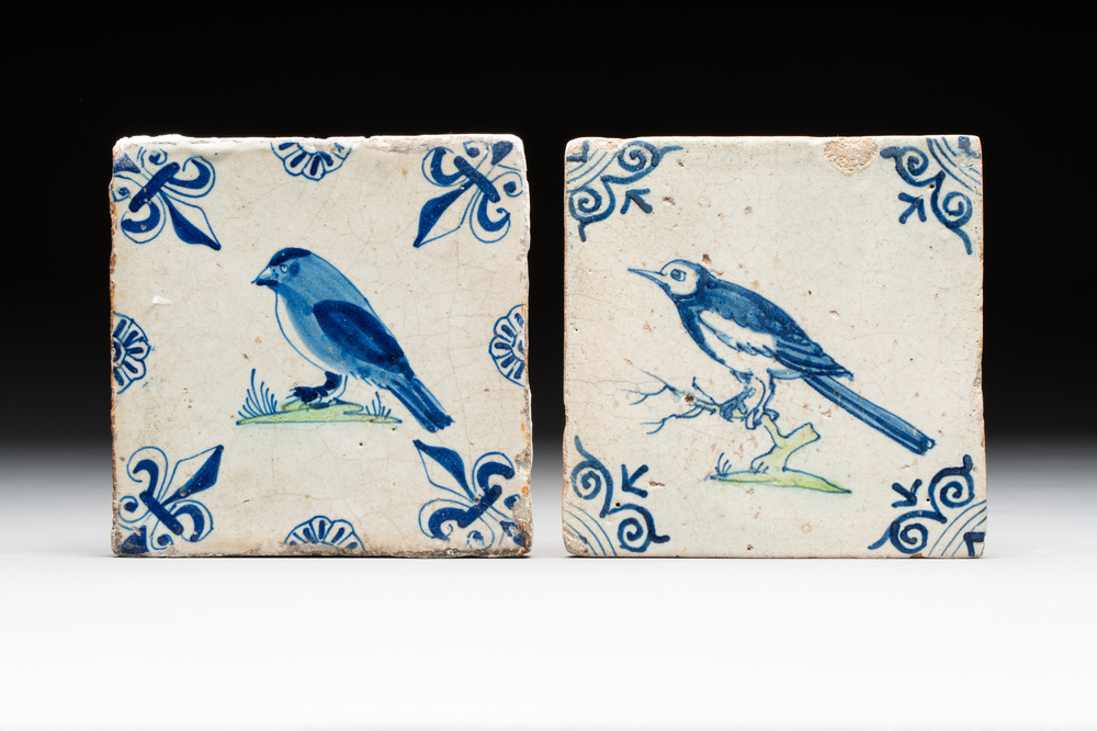 Two blue and white Dutch Delft 'bird on green ground' tiles, 1st half 17th C.