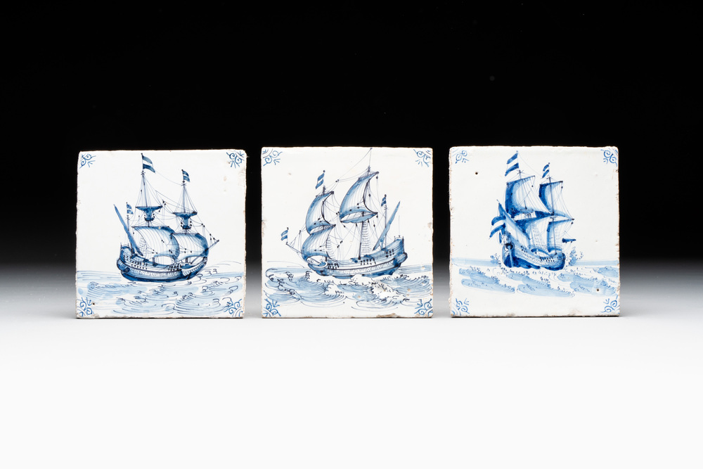 Three blue and white Dutch Delft 'ship' tiles, Harlingen, 17th C.
