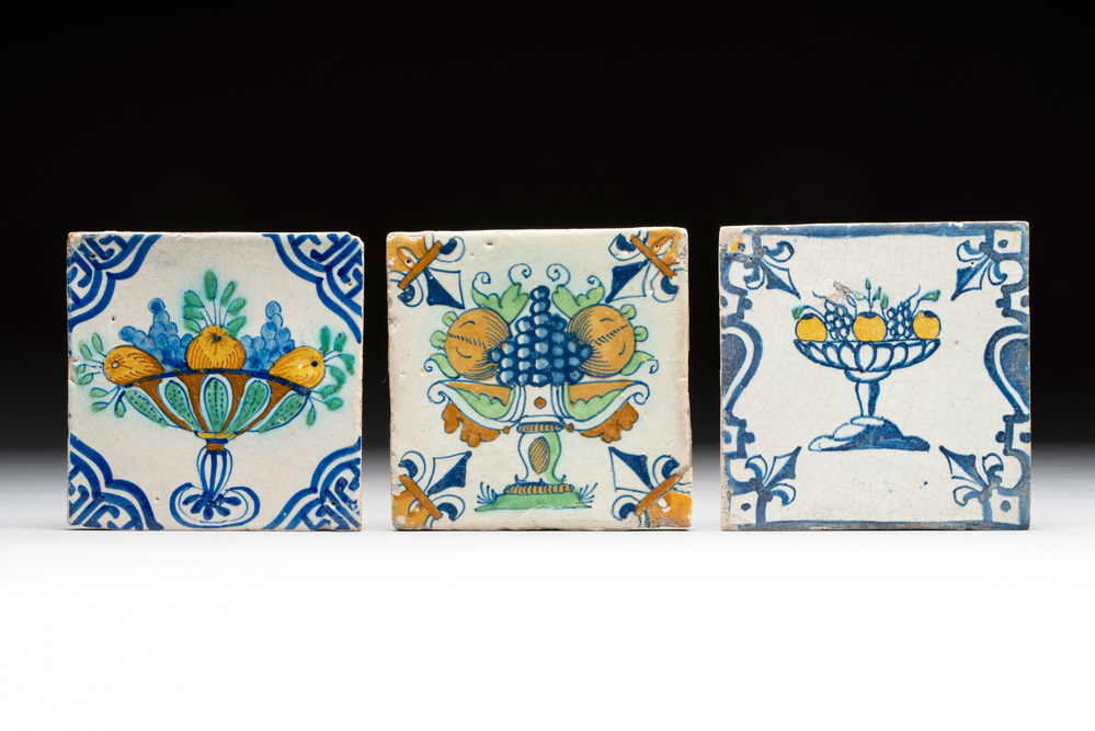 Three polychrome Dutch Delft 'fruitbowl' tiles, early 17th C.