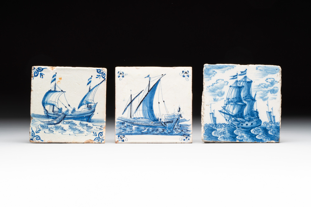 Three blue and white Dutch Delft 'ship' tiles, 17/18th C.