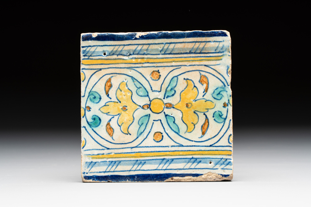 A polychrome Antwerp maiolica border tile, ca. 1560