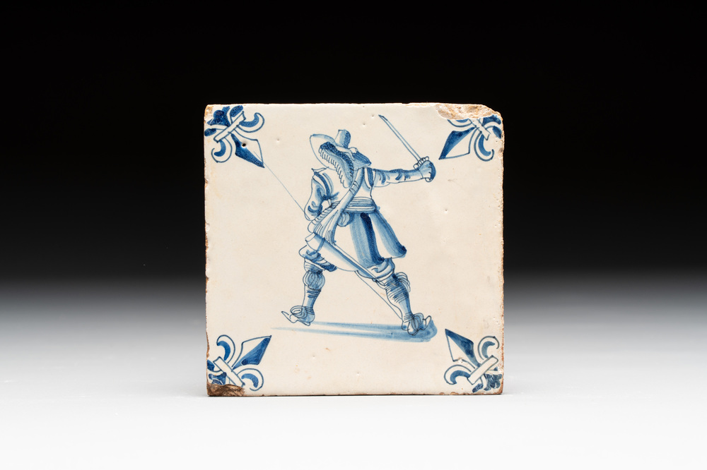 A small blue and white Dutch Delft 'soldier' tile, early 17th C.