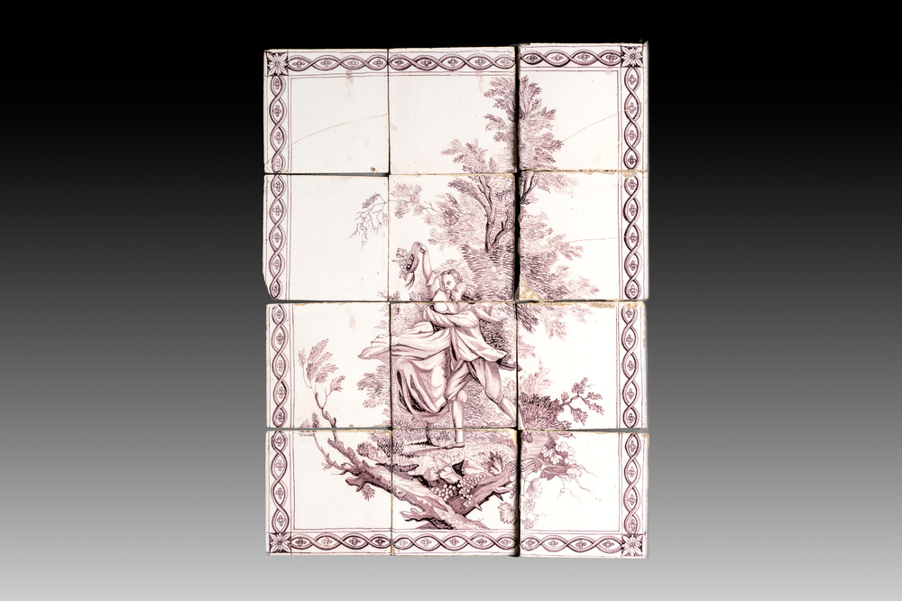 A manganese Dutch Delft tile tableau with a romantic scene, late 18th C.