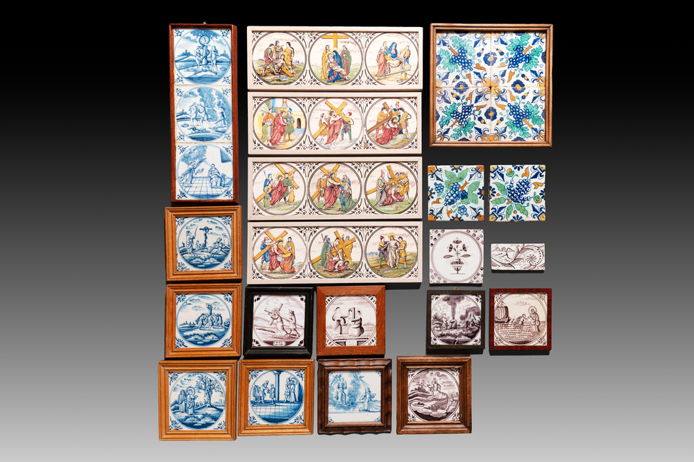 A collection of 33 blue and white, manganese and polychrome Dutch Delft tiles, 17th C. and later
