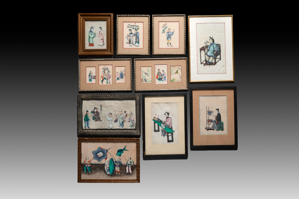 Ten frames with Chinese pith paper paintings depicting figures, Canton, 19th C.