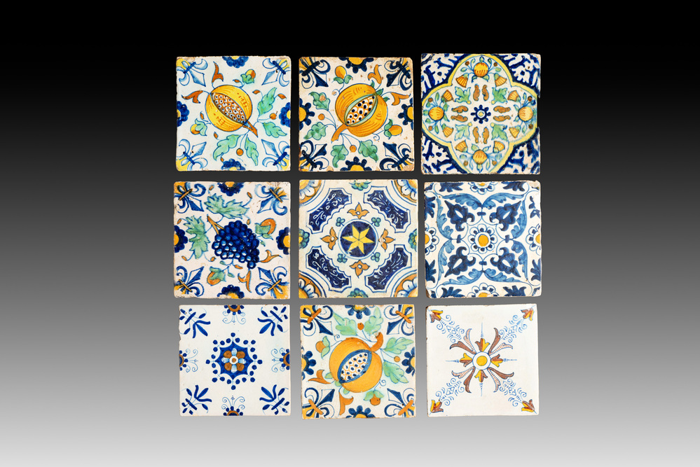 Nine polychrome Dutch Delft ornamental tiles, early 17th C.