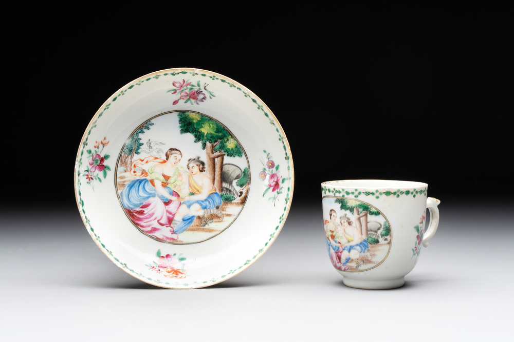 A Chinese famille rose 'Venus and Mercury' cup and saucer, Qianlong