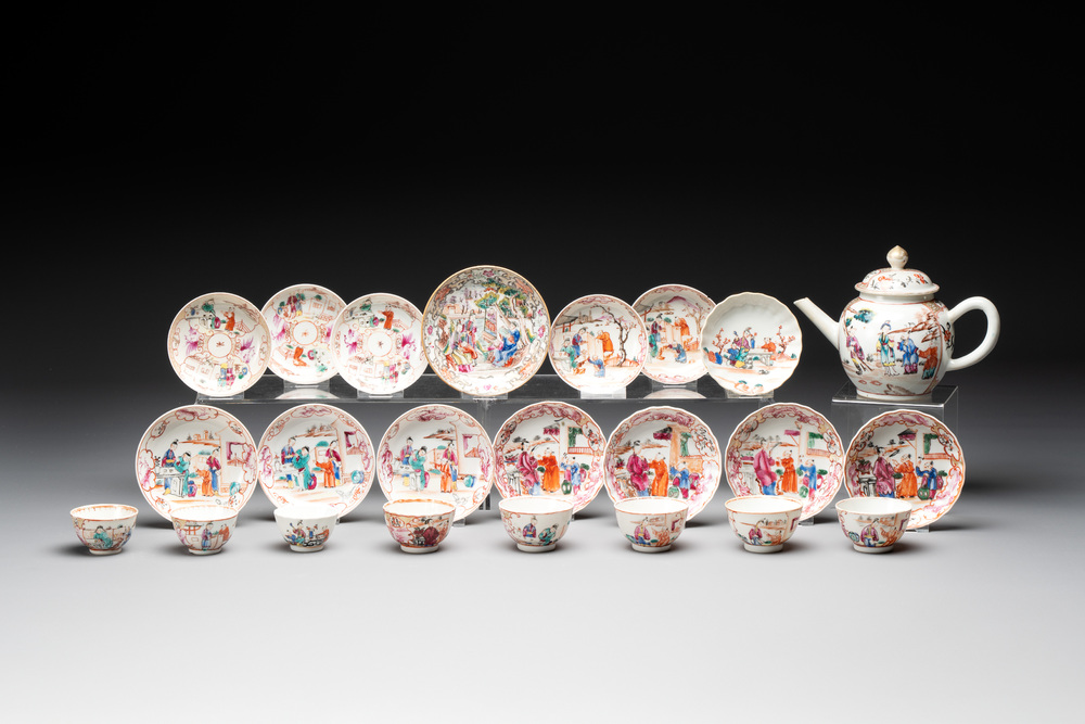 Eight Chinese Canton famille rose cups, 14 saucers and a teapot, Qianlong