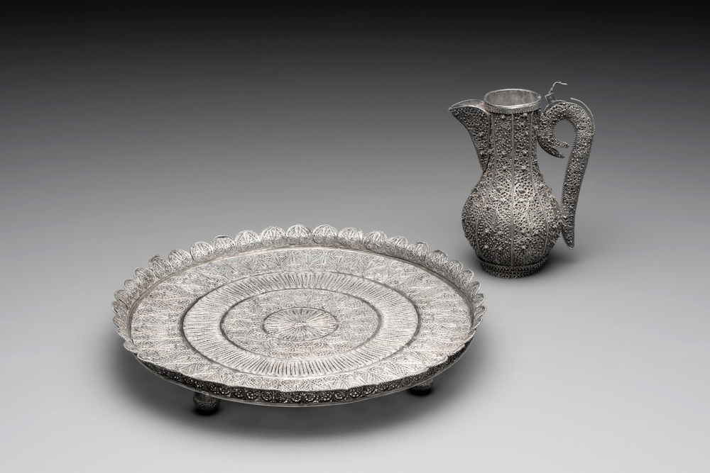 An Indo-Persian silver filigree tray and ewer, 19th C.