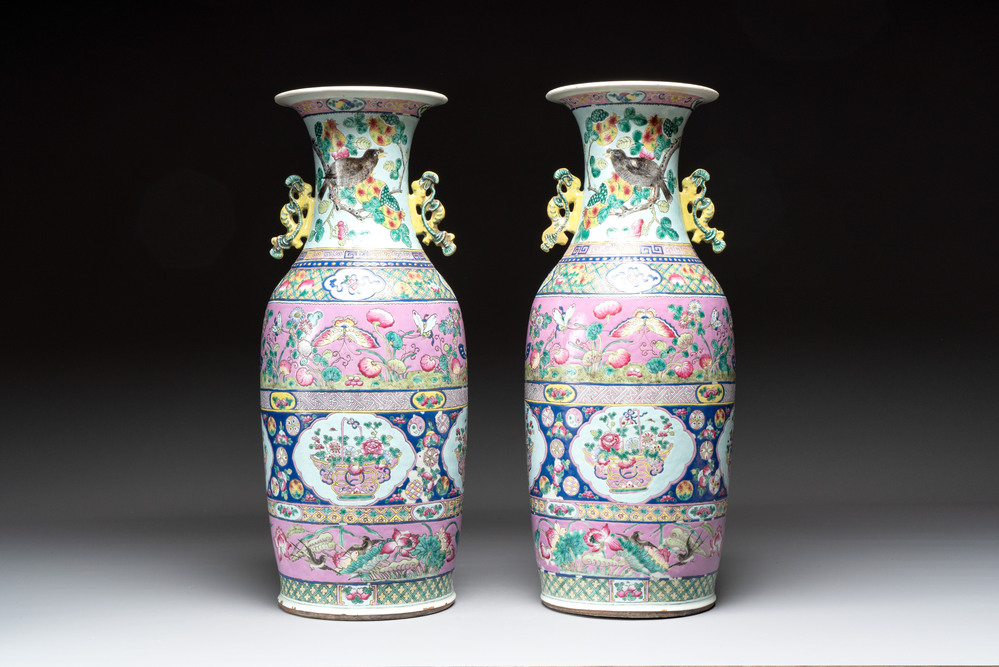 A pair of Chinese famille rose vases for the Straits or Peranakan market, 19th C.