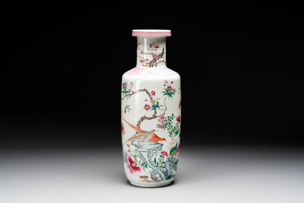 A Chinese famille rose 'pheasants and flowers' rouleau vase, 19th C.