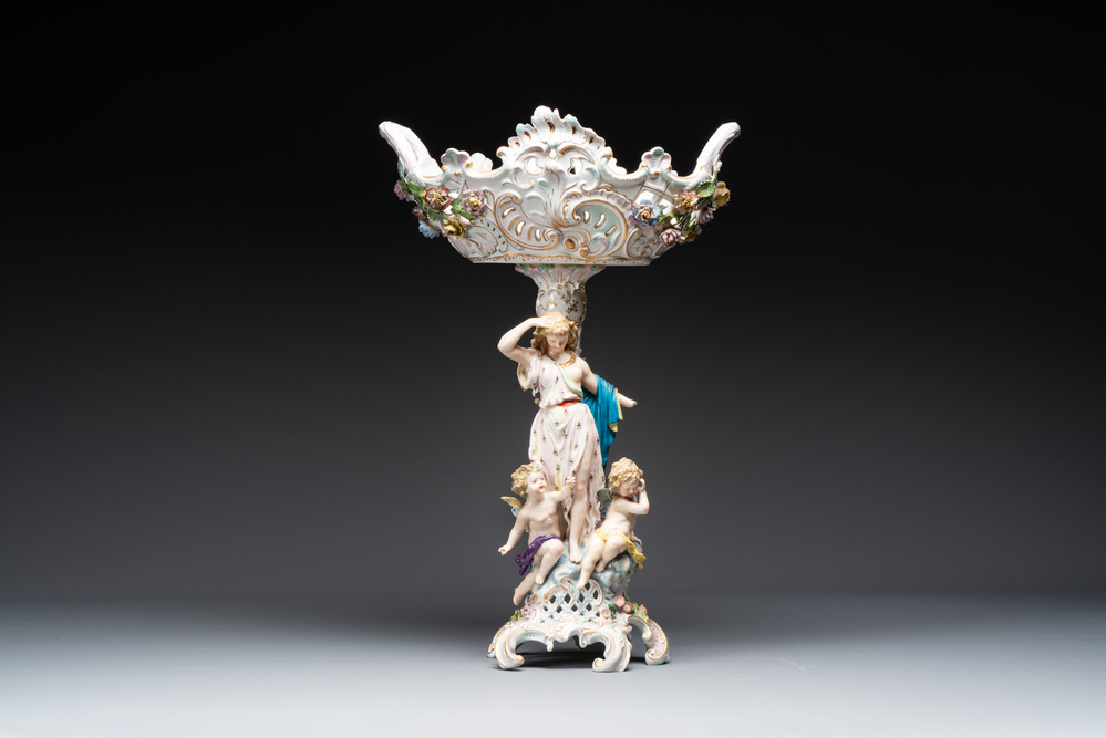 A large polychrome Saxon porcelain centrepiece, Germany, 19/20th C.