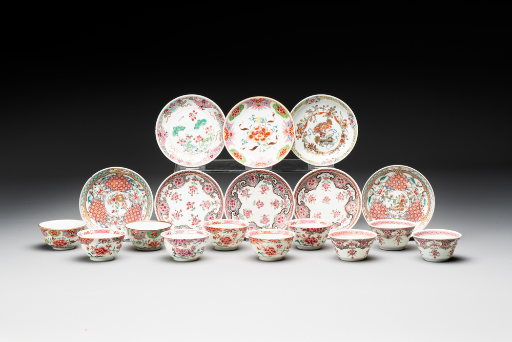 Ten Chinese famille rose cups with floral design and eight saucers, Qianlong