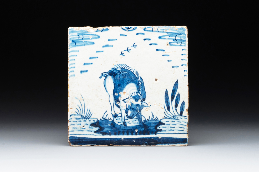 A blue and white Rotterdam 'crown' 'boar' tile, 17th C.