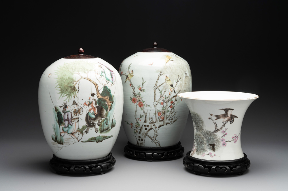 Two Chinese famille rose jars and a brush pot, signed Ju Yi Tai 聚義泰, 'B.E.E. CHINESE RESTAURANT' mark, one dated 1924, 20th C.