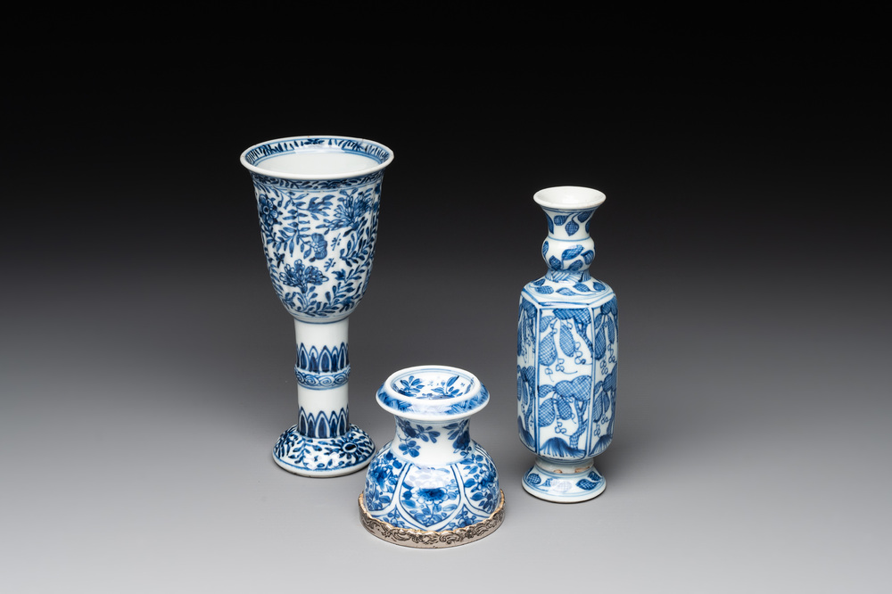 A Chinese blue and white goblet, a silver-mounted salt and a vase, Kangxi