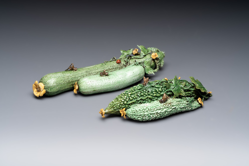 Two Chinese polychrome groups of cucumbers and bitter melons with insects, 19/20th C.