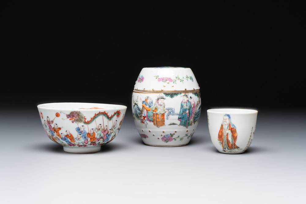 A Chinese famille rose covered jar, a 'playing boys' bowl and a 'poem' cup, Jiaqing mark, 19th C.