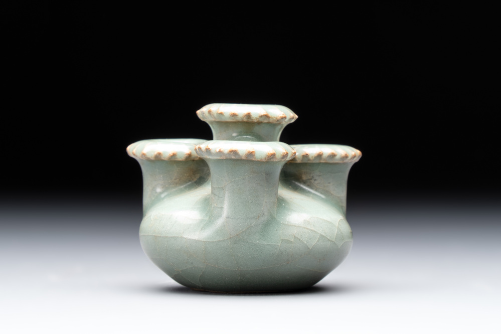 A rare Chinese Longquan celadon quadruple-neck incense holder, Southern Song