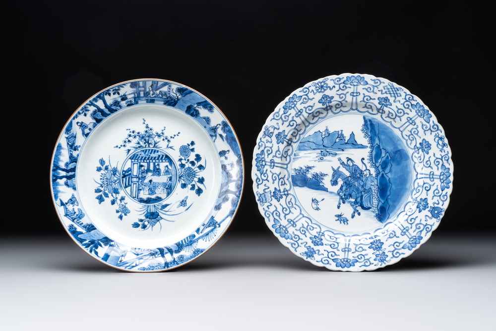 A Chinese blue and white 'heightened medallion' dish and a 'hunting' dish, Chenghua mark, Kangxi/Yongzheng