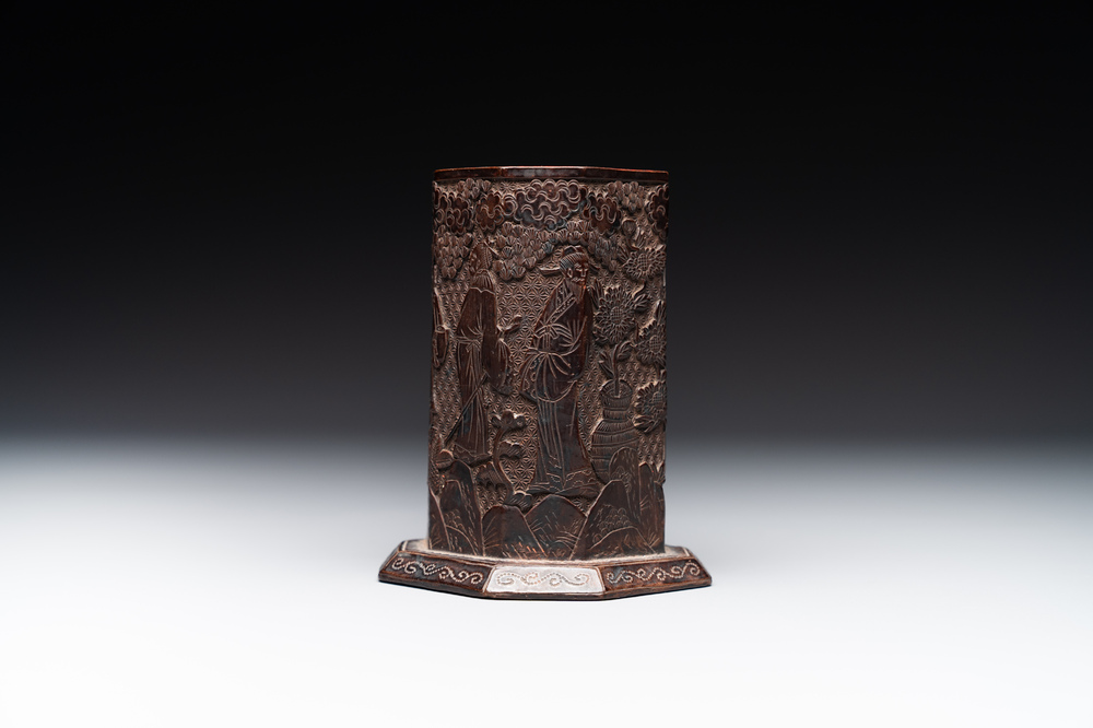 A Chinese tixi lacquer brush pot, 'bitong', Ming