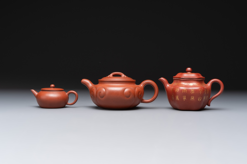 Three Chinese Yixing stoneware teapots and covers,  Jingxi Xu Wenting Zhi 荊溪徐溫庭製 and Yang Xian Xi Yin Shi Wang 陽羨惜陰室王 mark, 20th C.