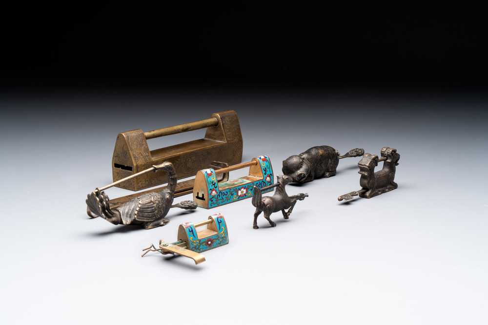 Seven various Chinese metal and cloisonn&eacute; locks, Qing