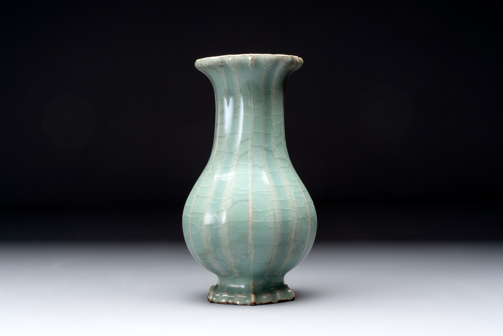 A Chinese Longquan celadon lobed vase, Southern Song
