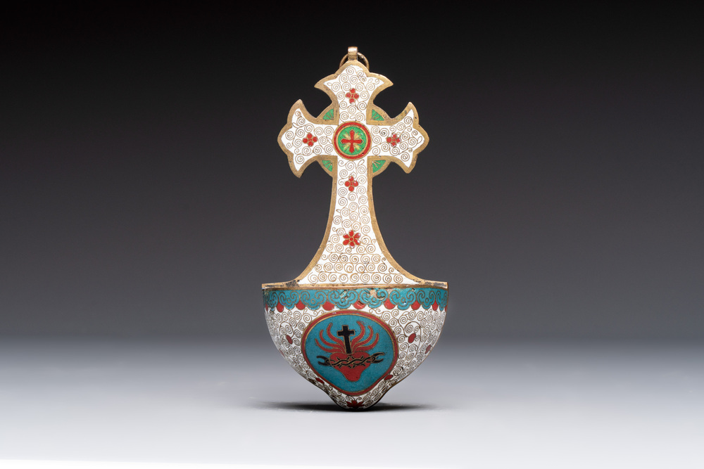 A rare Chinese cloisonn&eacute; holy water font, 19th C.