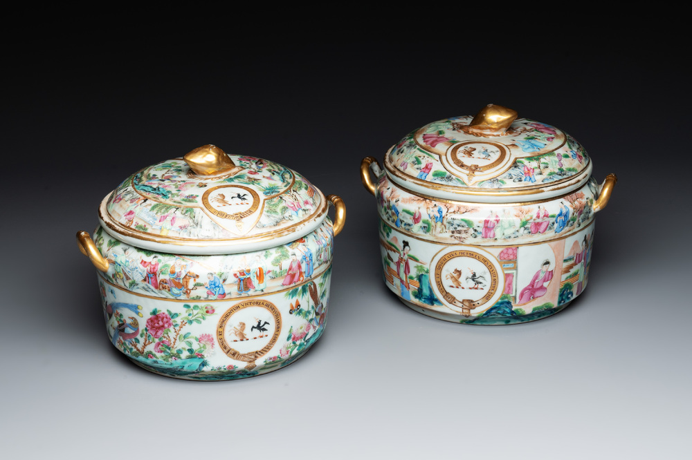 A pair of Chinese Canton famille rose armorial tureens, inner bowls and covers with the arms of Clerke, 19th C.