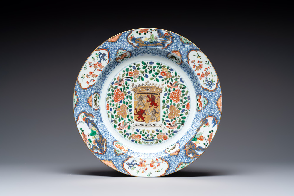 A large Chinese famille verte armorial 'Provinces' dish with the arms of Henegouw, Kangxi