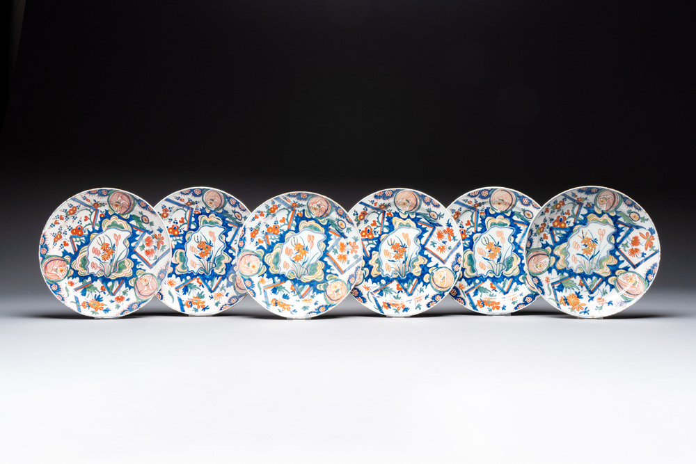 Six polychrome Dutch Delft 'lightning' plates, 18th C.