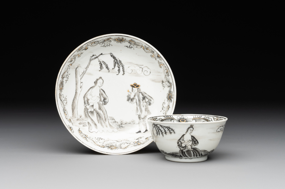 A Chinese grisaille and gilt-decorated 'European subject' cup and saucer, Qianlong
