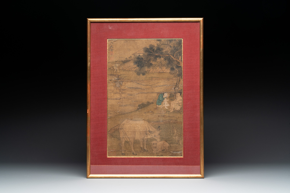 After Tang Yan 唐寅 (1470&mdash;1523): 'Buffalo and sage', ink and colour on silk, signed Liuru Jushi 六如居士, 18/19th C.