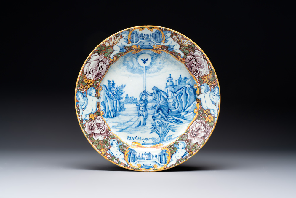A fine polychrome Dutch Delft mixed technique 'Baptism of Christ by St. John the Baptist' plate, 18th C.