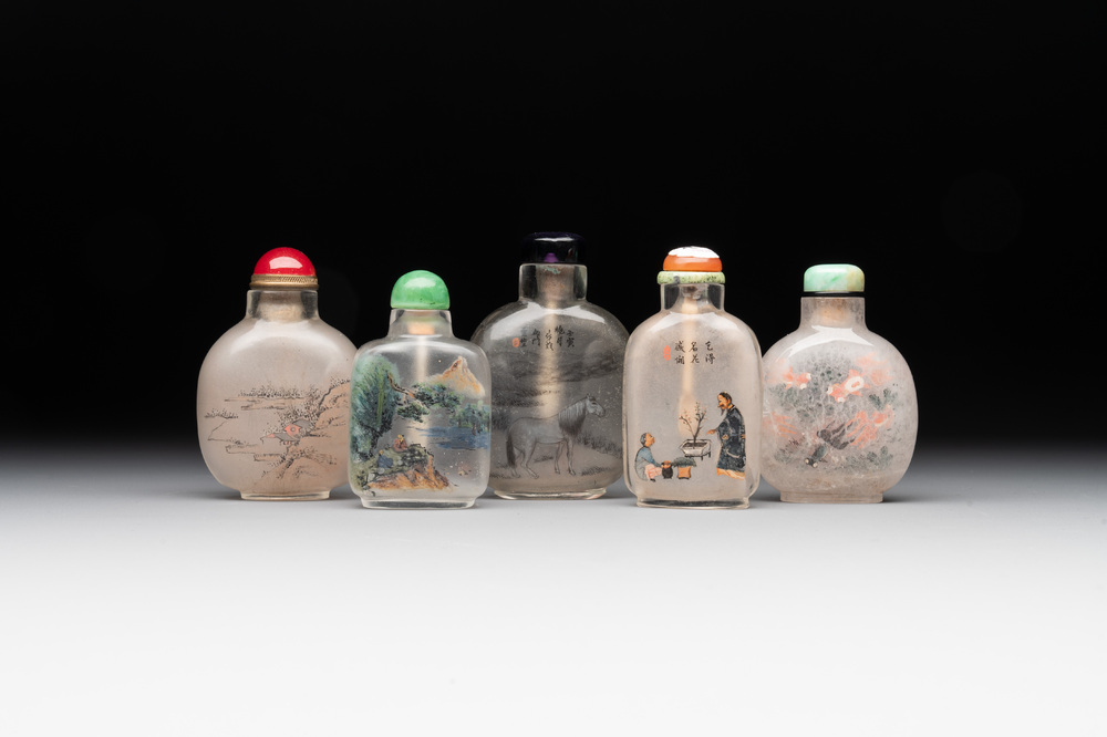 Five Chinese inside-painted glass snuff bottles, signed Ma Shaoxuan 馬少宣, Pu Ru 溥儒 and Ye Zhongsan 葉仲三, 20th C., one dated 1962