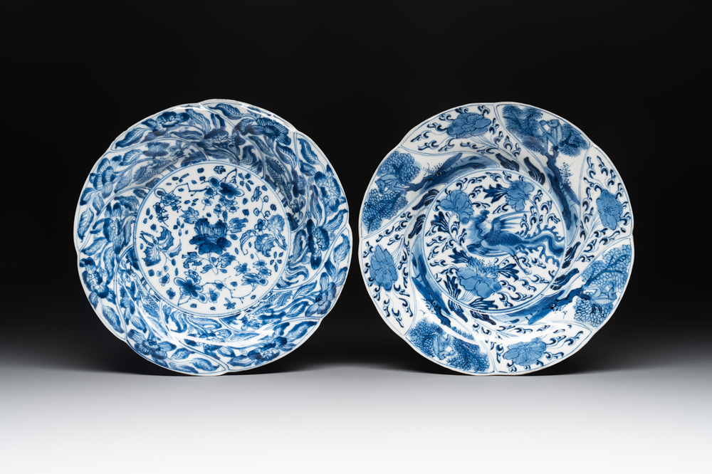 A Chinese blue and white lobed 'flower' plate and a 'phoenix and monkeys' plate, Kangxi