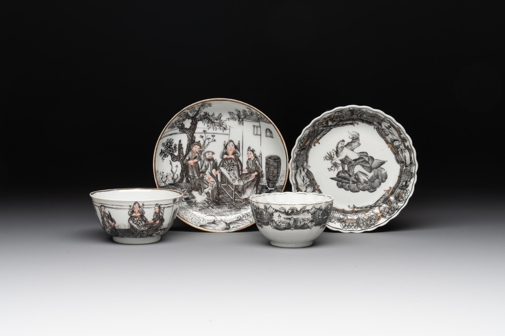 Two Chinese gilt-decorated grisaille 'European subject' cups and saucers, Qianlong